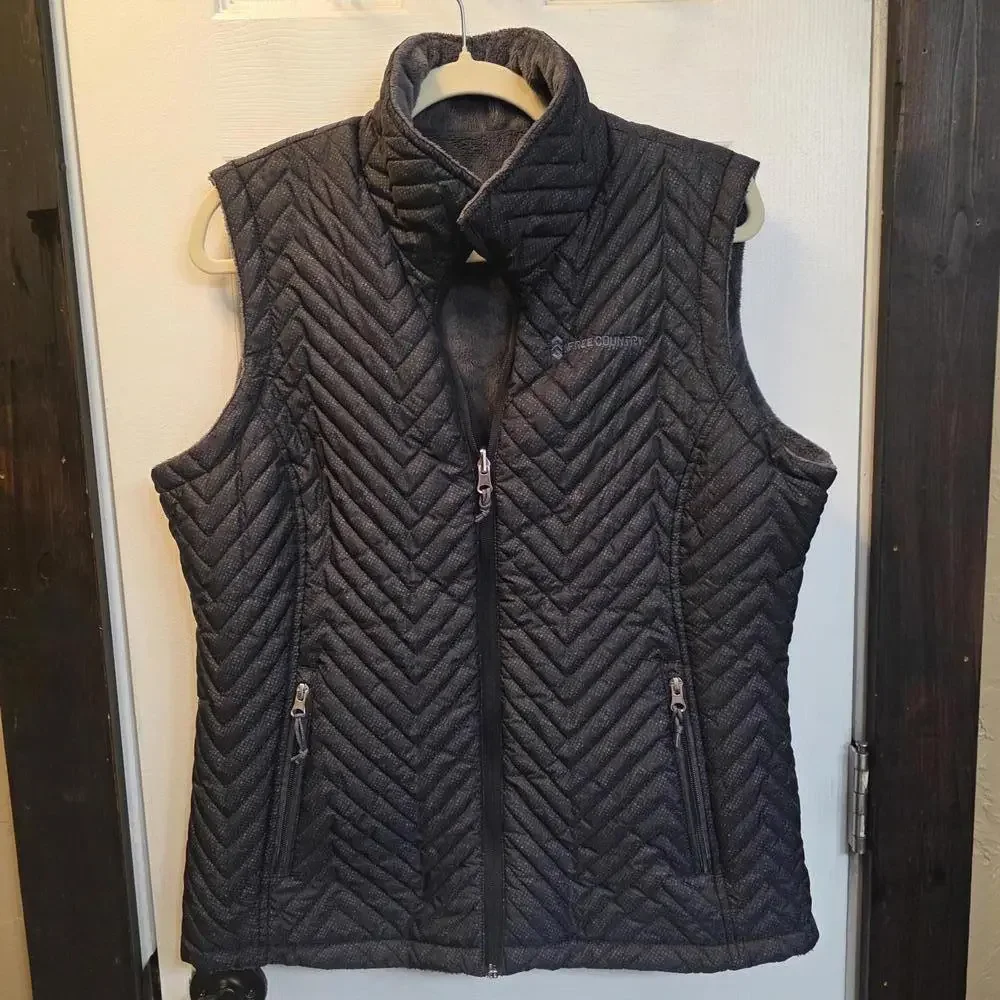 Free Country Quilted Black Reversible Sleeveless Vest with Zip Pockets- Large - Picture 1 of 7